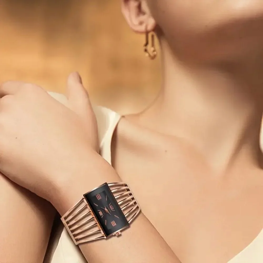 Women Rectangular Cuff Bracelet Watch Fashion Rosh Gold with Black Dial